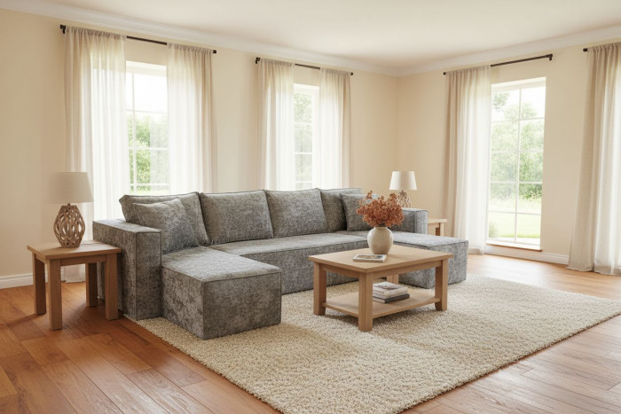 Диван-еврокнижка Лофт Люкс Плюш П-образный с 2 отоманками, 145х260, серый