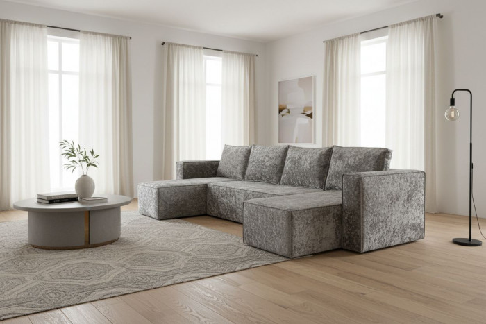 Диван-еврокнижка Лофт Люкс Плюш П-образный с 2 отоманками, 145х260, серый