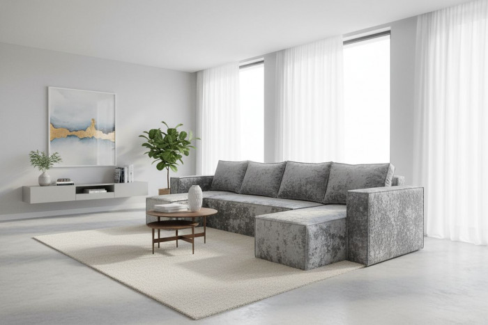 Диван-еврокнижка Лофт Люкс Плюш П-образный с 2 отоманками, 145х260, серый