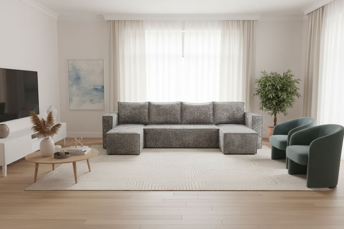 Диван-еврокнижка Лофт Люкс Плюш П-образный с 2 отоманками, 145х260, серый