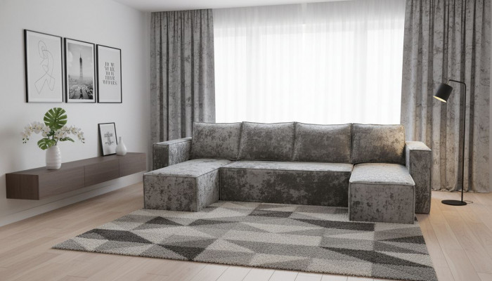 Диван-еврокнижка Лофт Люкс Плюш П-образный с 2 отоманками, 145х260, серый