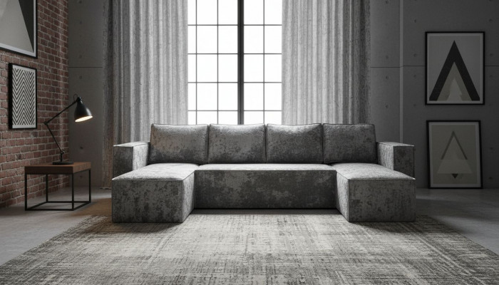 Диван-еврокнижка Лофт Люкс Плюш П-образный с 2 отоманками, 145х260, серый