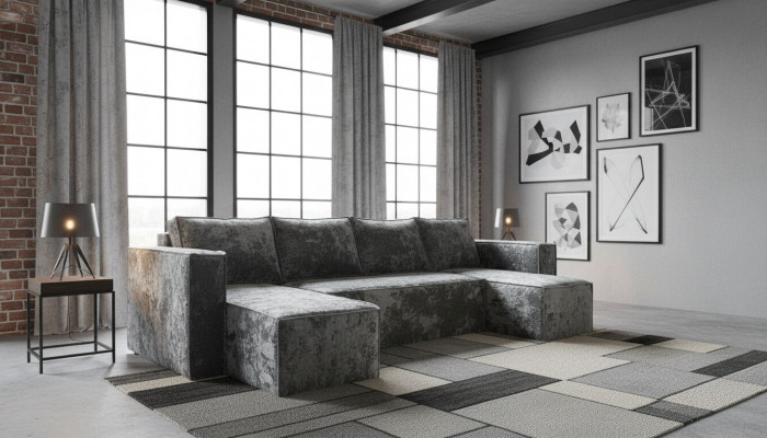 Диван-еврокнижка Лофт Люкс Плюш П-образный с 2 отоманками, 145х260, серый