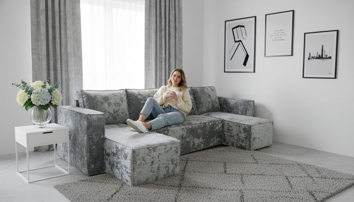 Диван-еврокнижка Лофт Люкс Плюш П-образный с 2 отоманками, 145х260, серый