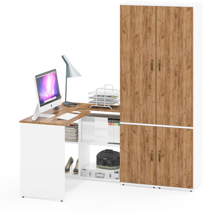 Лидер-8 Стол + Пенал МД 21Б + Пенал МД 21Б, белый шагрень/крафт золото