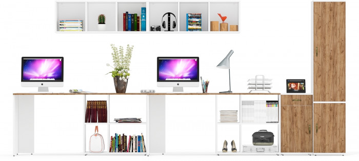 Лидер-8 Стол + Полка + Стол + Полка + Пенал МД 21Б + Тумба МД 3.15, цвет белый шагрень/крафт золото, 410х50х75/190 или 230х160/50х75/190, НЕ ун. сб.