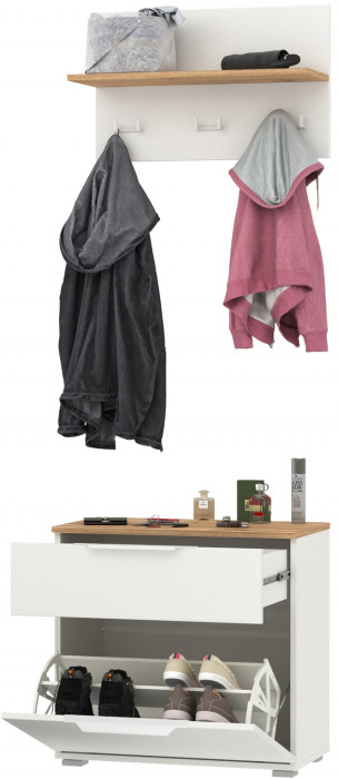 Октава 16.127 Тумба для обуви + 15.14.01 Вешалка, цвет белый шагрень/дуб крафт золотой/фасады МДФ белый шагрень, ШхГхВ 64,9х35,4х197 см.