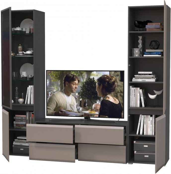 Сидней Комплектация № 013, цвет корпус: антрацит/фасады: МДФ веллюто капучино, ШхГхВ 229,9х41,3х205,2 см., ниша для ТВ 129х41х100 см., универс. сборка