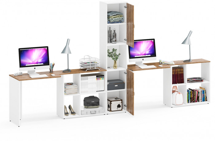 Лидер-8 Стол + Стол + Пенал, белый шагрень/крафт золото