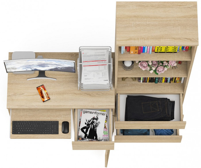 Мори Стол компьютерный МС-1 правый + Стеллаж МСТ600.3, цвет дуб сонома, ШхГхВ 150,4х50х179,6 см., выдвижной ящик справа, НЕ универсальная сборка