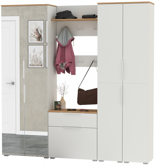 Октава Прихожая 31, белый шагрень/дуб крафт золотой/фасады МДФ белый шагрень