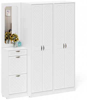 Прихожая П-6 Компоновка № 14, белая шагрень/фасады МДФ белое дерево фрезеровка ромб