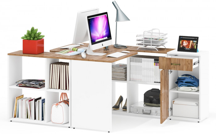 Лидер-8 Стол + Стол + Тумба МД 3.15, белый шагрень/крафт золото