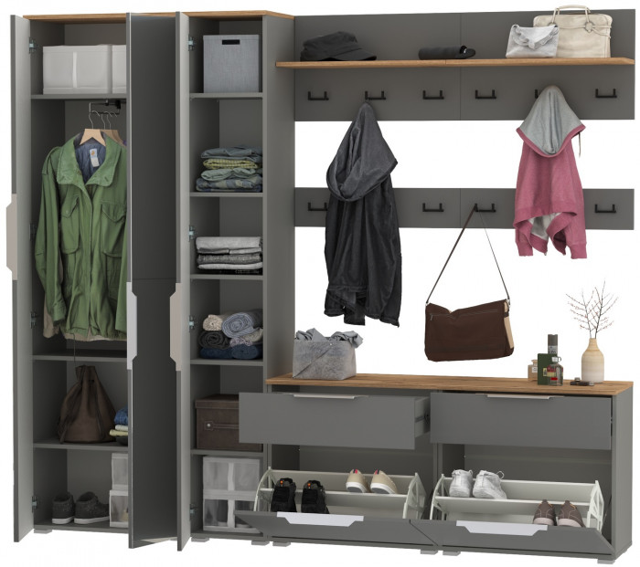 Октава Прихожая 33, цвет серый графит/дуб крафт золотой/фасады МДФ серый графит, ШхГхВ 226,4х35,4х197,6 см., универсальная сборка