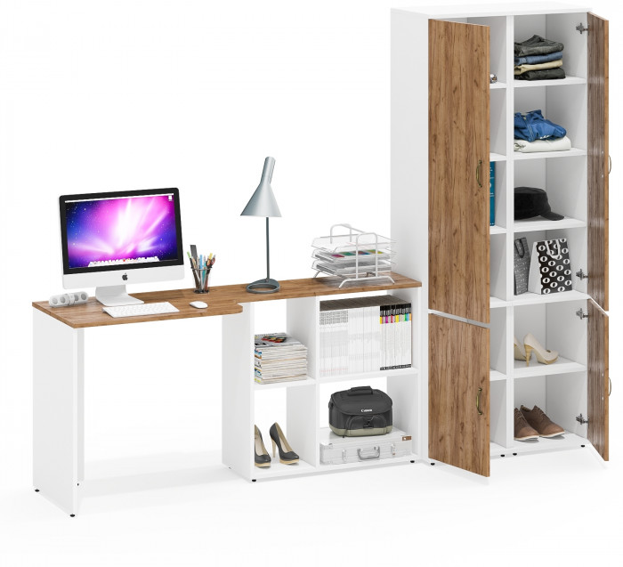 Лидер-8 Стол + Пенал МД 22Б + Пенал МД 22Б, белый шагрень/крафт золото