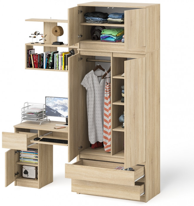 Мори компьютерный стол МС-1 левый + Шкаф МШ900.1 + Антресоль МА900.1 + Полка 900, дуб сонома