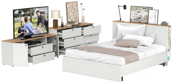 Остин 11.53 Кровать + ортопед + 16.240 Комод + 16.47 Тумба под ТВ, белый шагрень/дуб крафт золотой