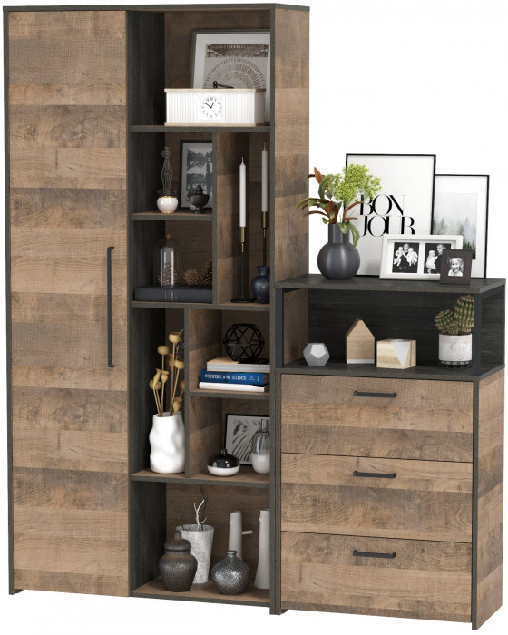Трувор 13.206 Шкаф-стеллаж + 13.307.02 Комод с ящиками, цвет дуб гранж песочный/интра, ШхГхВ 159х37х194,2 см., универсальная сборка