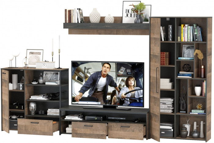 Трувор Гостиная 047, цвет дуб гранж песочный/интра, ШхГхВ 351,8х45,4х194,2 см., универсальная сборка