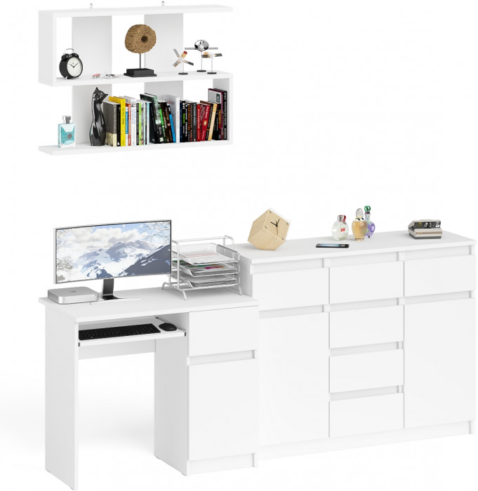 Мори Стол компьютерный МС-1 правый + Комод МК1200.4 + Полка 900, цвет белый, ШхГхВ 210,4х50х209,6 см., НЕ универсальная сборка