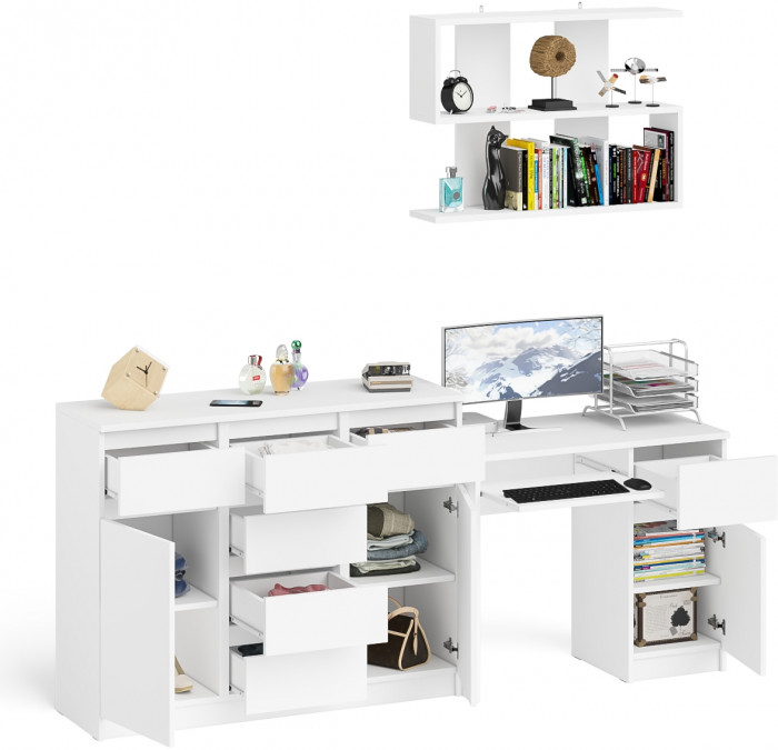 Мори Стол компьютерный МС-1 правый + Комод МК1200.4 + Полка 900, цвет белый, ШхГхВ 210,4х50х209,6 см., НЕ универсальная сборка