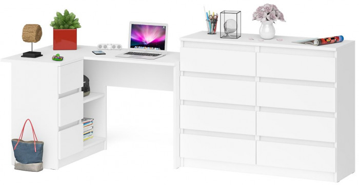 Мори Стол компьютерный МС-16 левый + Комод МК1200.8, цвет белый, ШхГхВ 244,8х84,9х94 см., выдвижные ящики слева, НЕ универсальная сборка