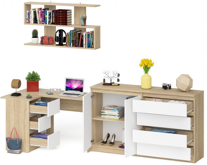 Мори компьютерный стол МС-16 левый + Комод МК1600.1 + Полка 1200, дуб сонома/белый