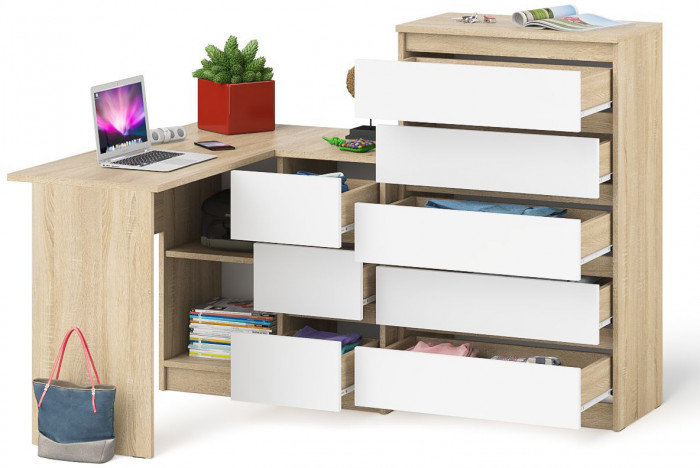 Мори компьютерный стол МС-16 правый + Комод МК700.5, дуб сонома/белый