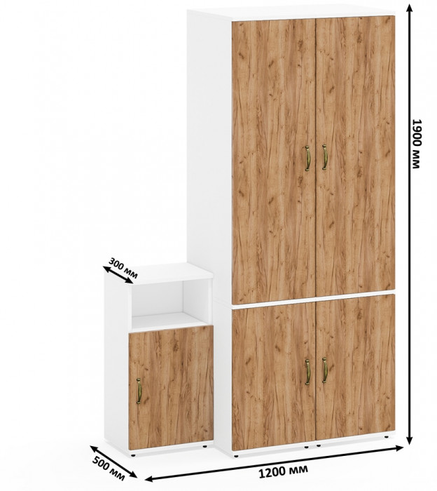 Лидер-8 Пенал МД 23Б + Пенал МД 23Б + Тумба МД 3.19, цвет белый шагрень/крафт золото, ШхГхВ 120х50х190 см., универсальная сборка