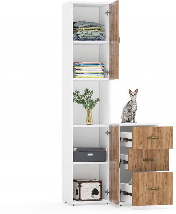 Лидер-8 Пенал + Тумба МД 3.16, цвет белый шагрень/крафт золото, ШхГхВ 80х50х190 см., универсальная сборка