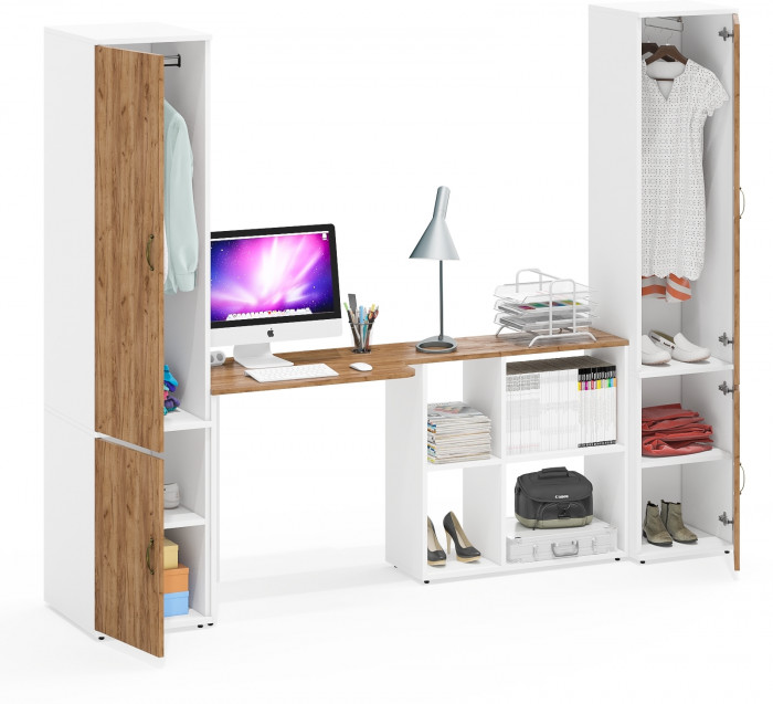 Лидер-8 Пенал МД 23Б + Стол + Пенал 21Б, цвет белый шагрень/крафт золото, ШхГхВ 245х50/37,5х75/190 или 155х120/50х75/190 см., НЕ универсальная сборка