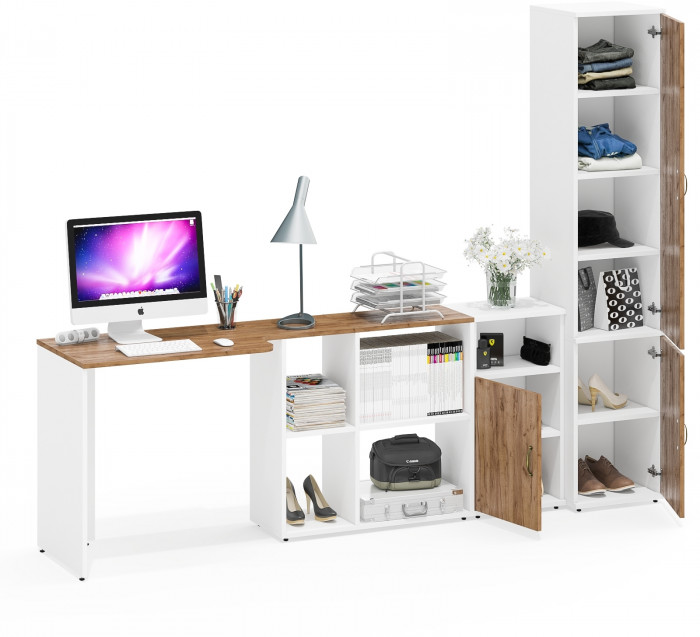 Лидер-8 Стол + Тумба МД 3.19 + Пенал МД 22Б, цвет белый шагрень/крафт золото, ШхГхВ 245х50/37,5х75/190 или 115х160/50х75/190 см., НЕ ун. сборка