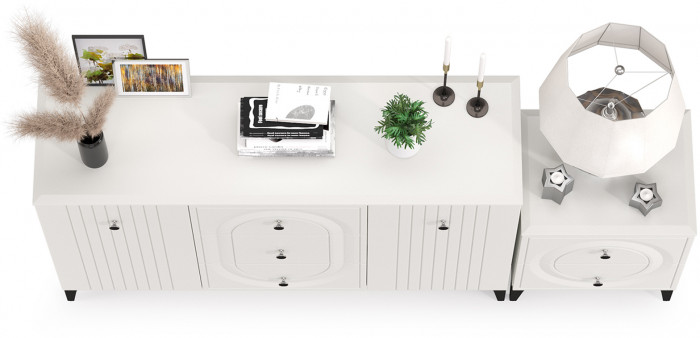 Валенсия Спальня 13.309 Комод + 13.291 Тумба прикроватная, цвет ЛДСП белый шагрень/МДФ белый шагрень, ШхГхВ 182,4х38,4х87,5 см.