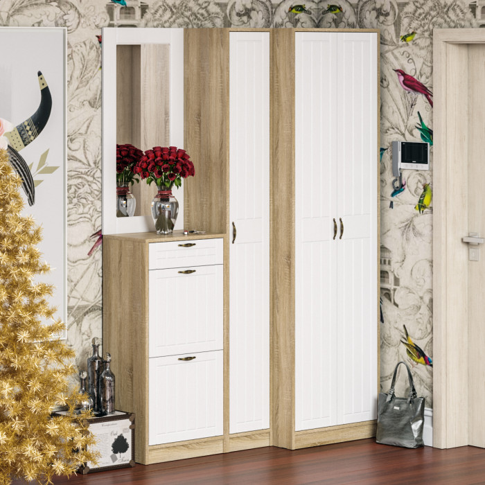 Прихожая П-6 Тумба для обуви 2 секции, цвет дуб сонома/фасады МДФ белое дерево фрезеровка прованс, ШхГхВ 50х35х108,3 см.