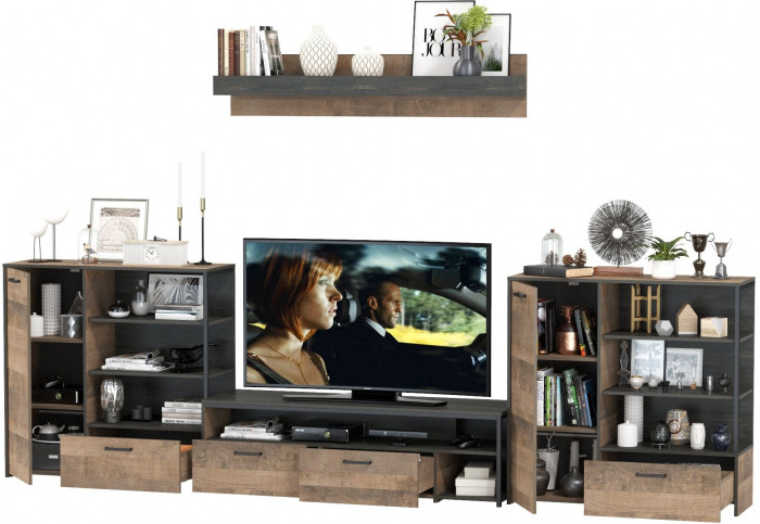 Трувор Гостиная 049, цвет дуб гранж песочный/интра, ШхГхВ 367,8х45,4х210 см., универсальная сборка