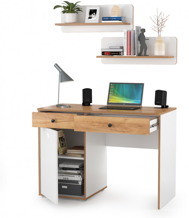 Вуди Стол письменный 12.42 + 2хПолка 15.46, цвет белый премиум/дуб крафт золотой, ШхГхВ 110х52,7х180 см., универсальная сборка