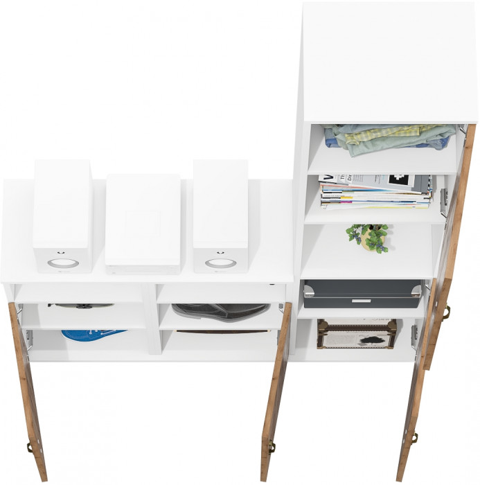 Лидер-8 Пенал + Тумба МД 3.19 + Тумба МД 3.19, цвет белый шагрень/крафт золото, ШхГхВ 120х30х190 см., универсальная сборка