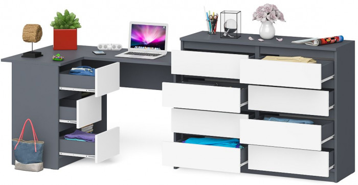 Мори Стол компьютерный МС-16 левый + Комод МК1200.8, цвет графит/белый, ШхГхВ 244,8х84,9х94 см., выдвижные ящики слева, НЕ универсальная сборка