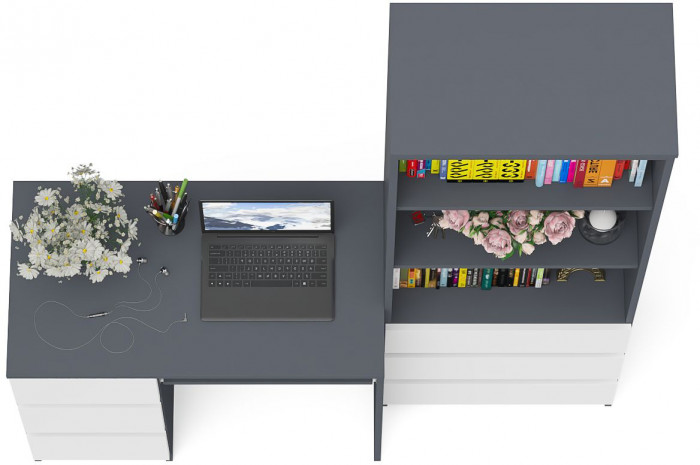 Мори Стол компьютерный МС-6 левый + Стеллаж МСТ600.3, цвет графит/белый, ШхГхВ 150,4х50х179,6 см., выдвижные ящики слева, НЕ универсальная сборка