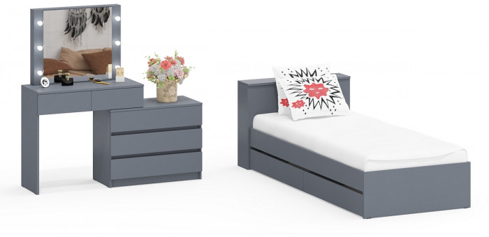 Ксения Кровать с ящиками 0900 + Стол косметический с подсветкой 110, графит