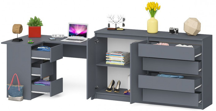 Мори компьютерный стол МС-16 левый + Комод МК1600.1, графит