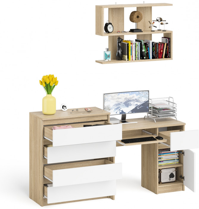 Мори компьютерный стол МС-1 правый + Комод МК800.4 + Полка 900, дуб сонома/белый