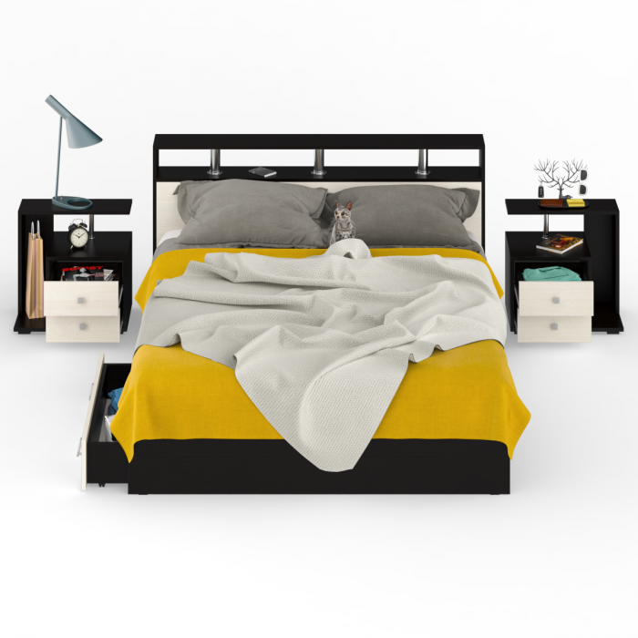 Камелия Кровать с ящиками 1600 + две тумбы, венге/дуб лоредо