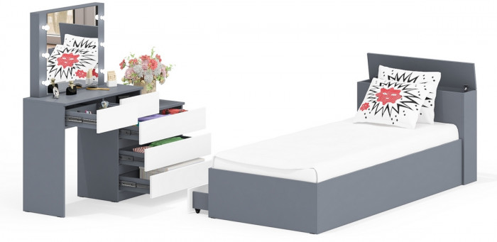 Ксения Кровать с ящиками 0900 + Стол косметический с подсветкой 110, графит/белый