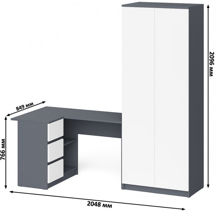 Мори компьютерный стол МС-16 левый + Шкаф МШ800.1, графит/белый
