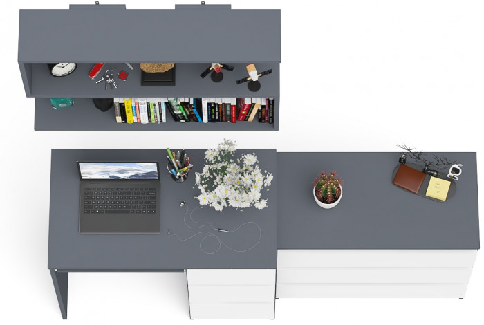 Мори компьютерный стол МС-6 правый + Комод МК800.1 + Полка 900, графит/белый