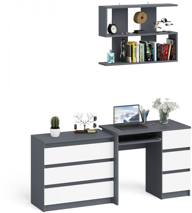 Мори компьютерный стол МС-6 правый + Комод МК800.1 + Полка 900, графит/белый
