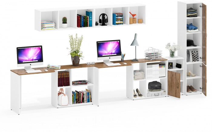 Лидер-8 Стол + Полка + Стол + Полка + Пенал МД 22Б + Тумба МД 3.19, цвет белый шагрень/крафт золото, 410х50х75/190 или 230х160/50х75/190, НЕ ун. сб.