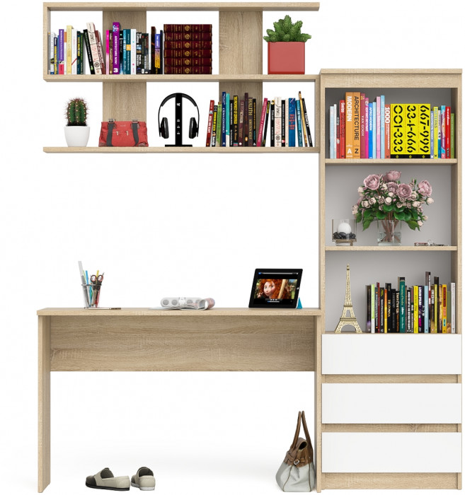 Мори Стол письменный МСП1200.1 + Стеллаж МСТ600.3 + Полка 1200, цвет дуб сонома/белый, ШхГхВ 180,8х50х209,6 см., универсальная сборка