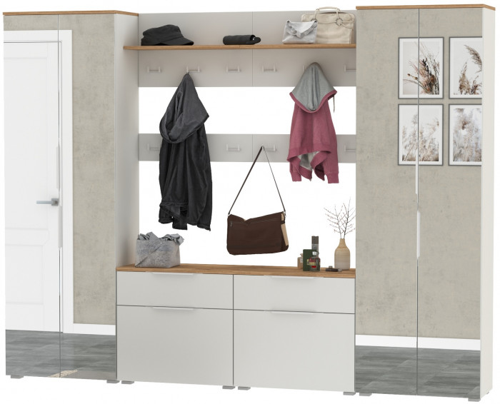 Октава Прихожая 36, цвет белый шагрень/дуб крафт золотой/фасады МДФ белый шагрень, ШхГхВ 258,6х35,4х197,6 см., универсальная сборка